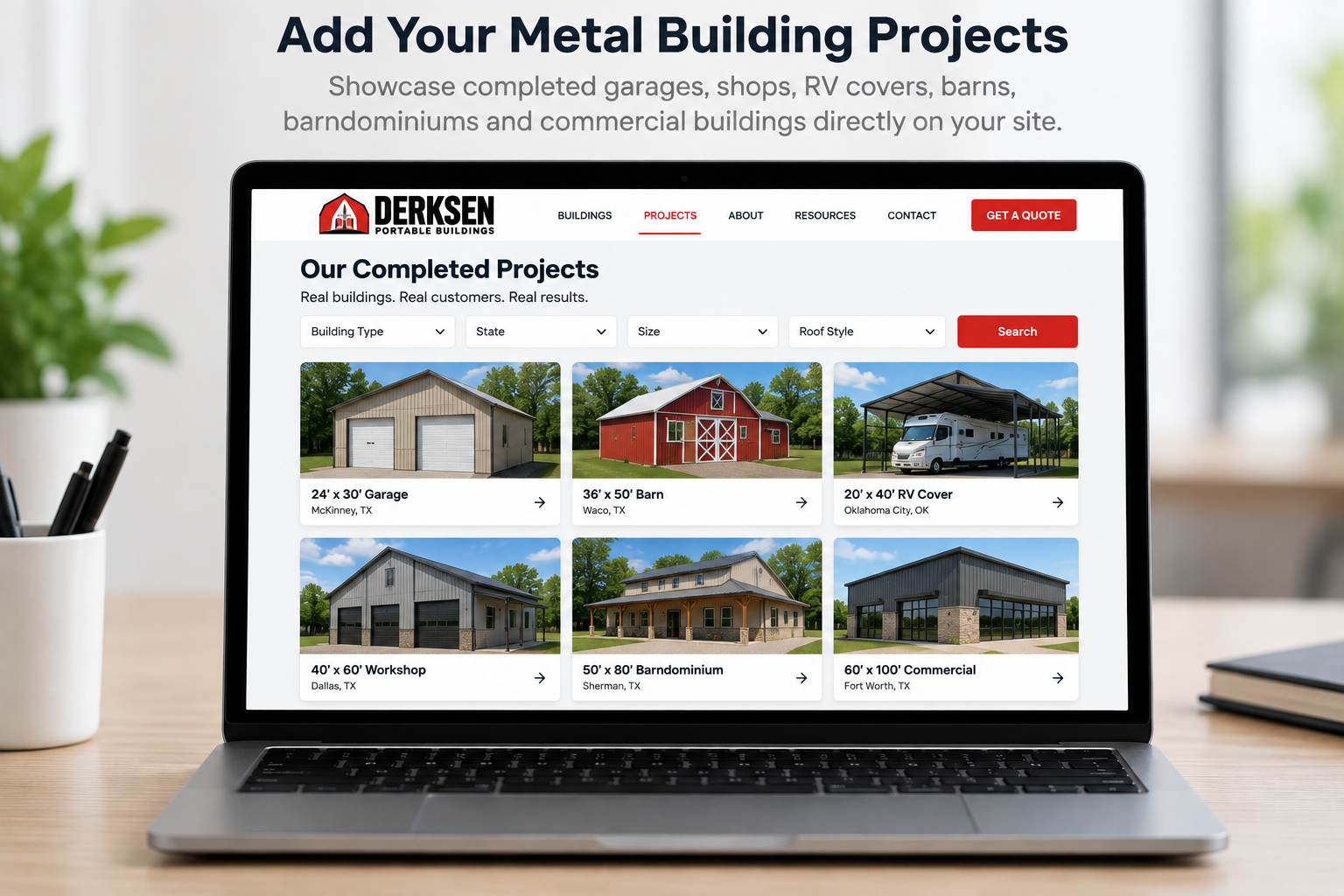 Metal building projects displayed on a dealer website