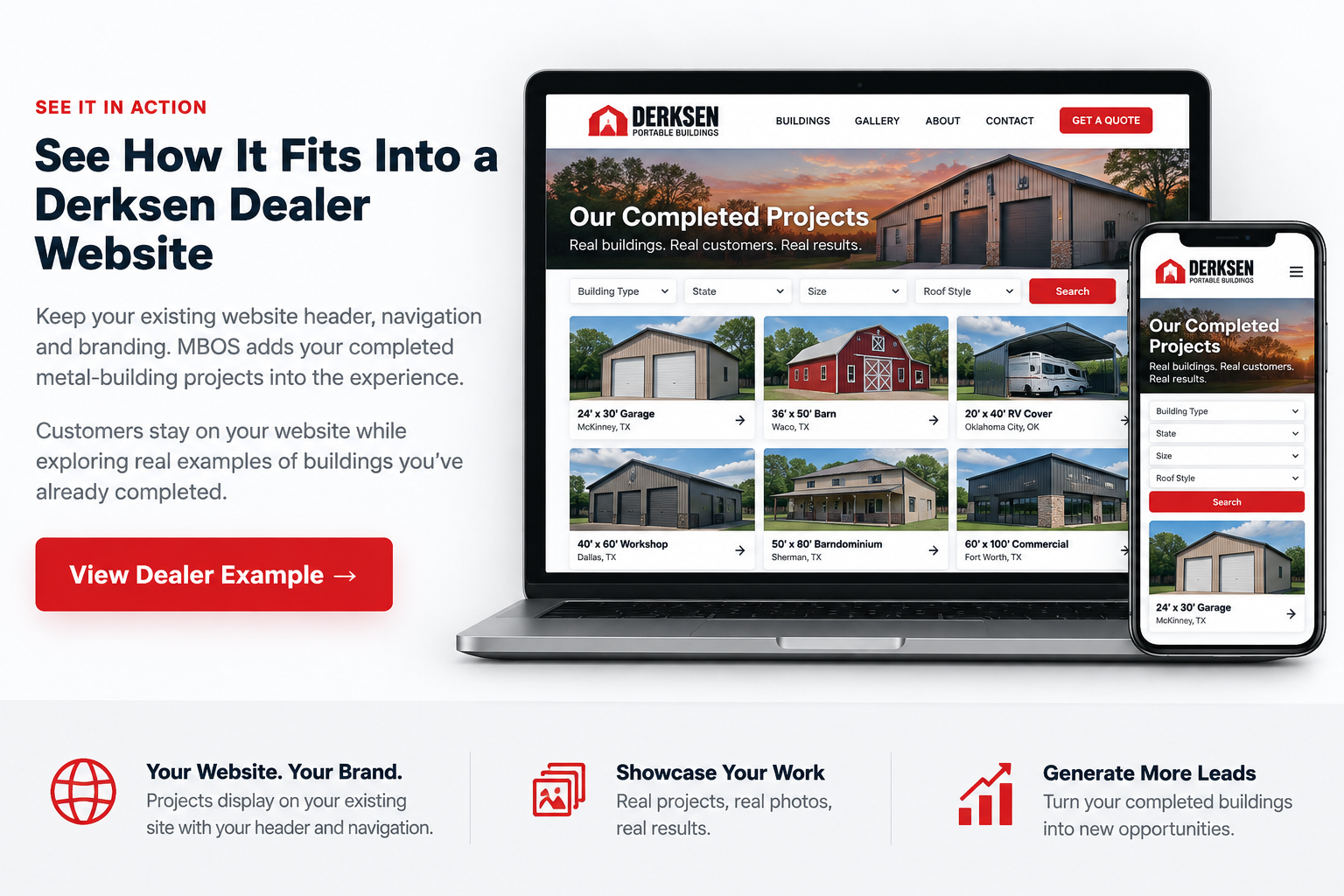 Example of Metal Building Solutions projects integrated into a Derksen dealer website