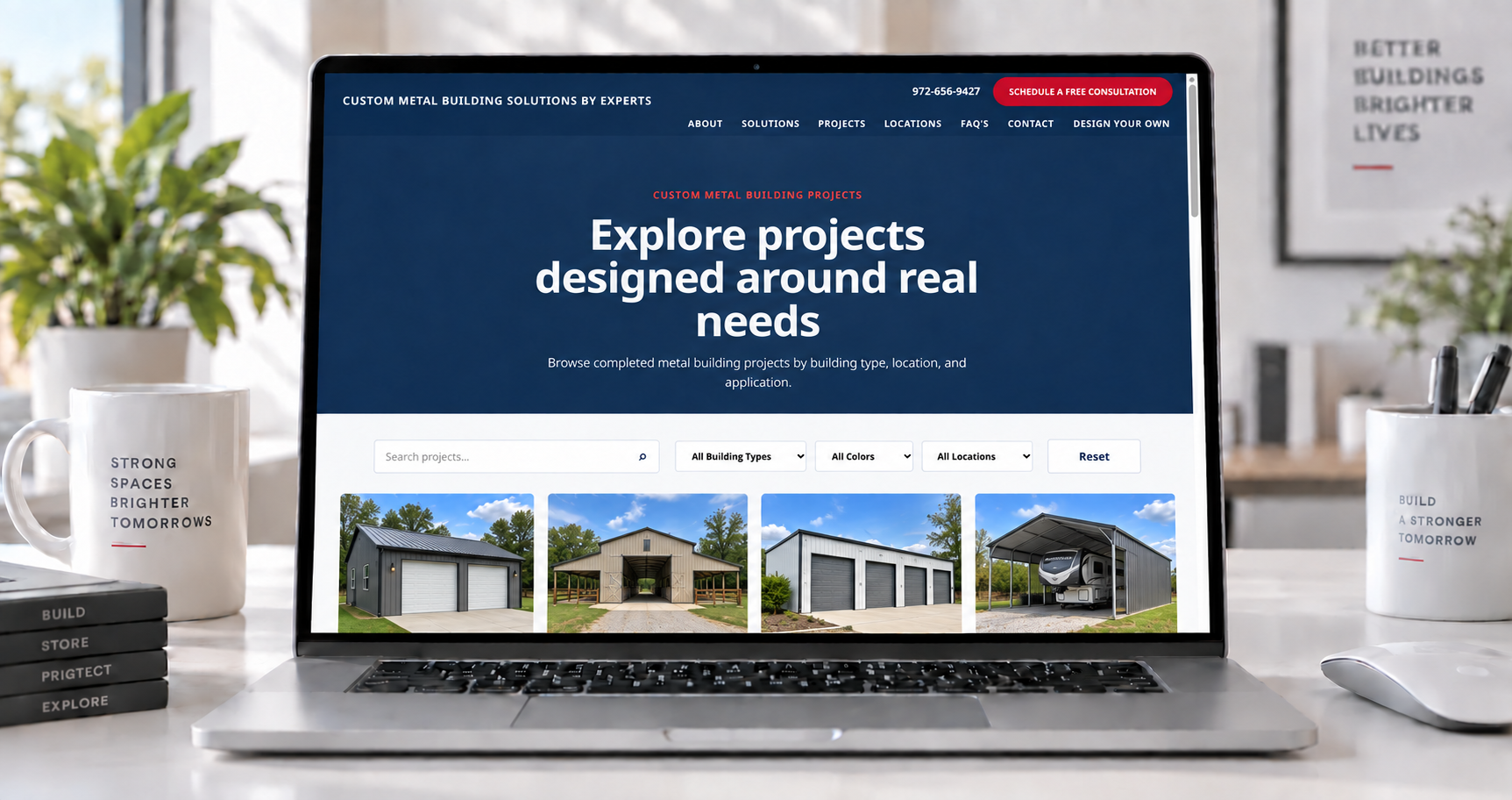 Metal building projects displayed on a dealer website